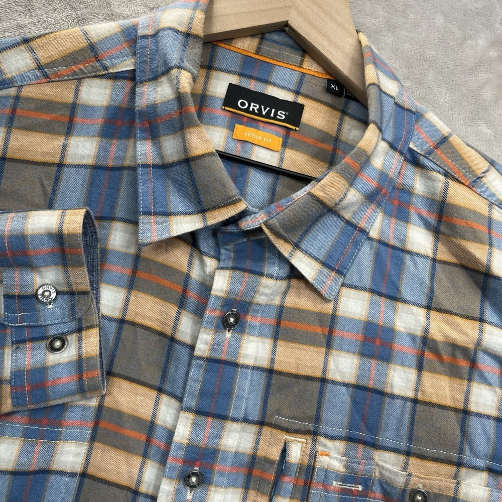 ORVIS Shirt Mens XL Active Fit Flannel Blue Orange Plaid Long Sleeve